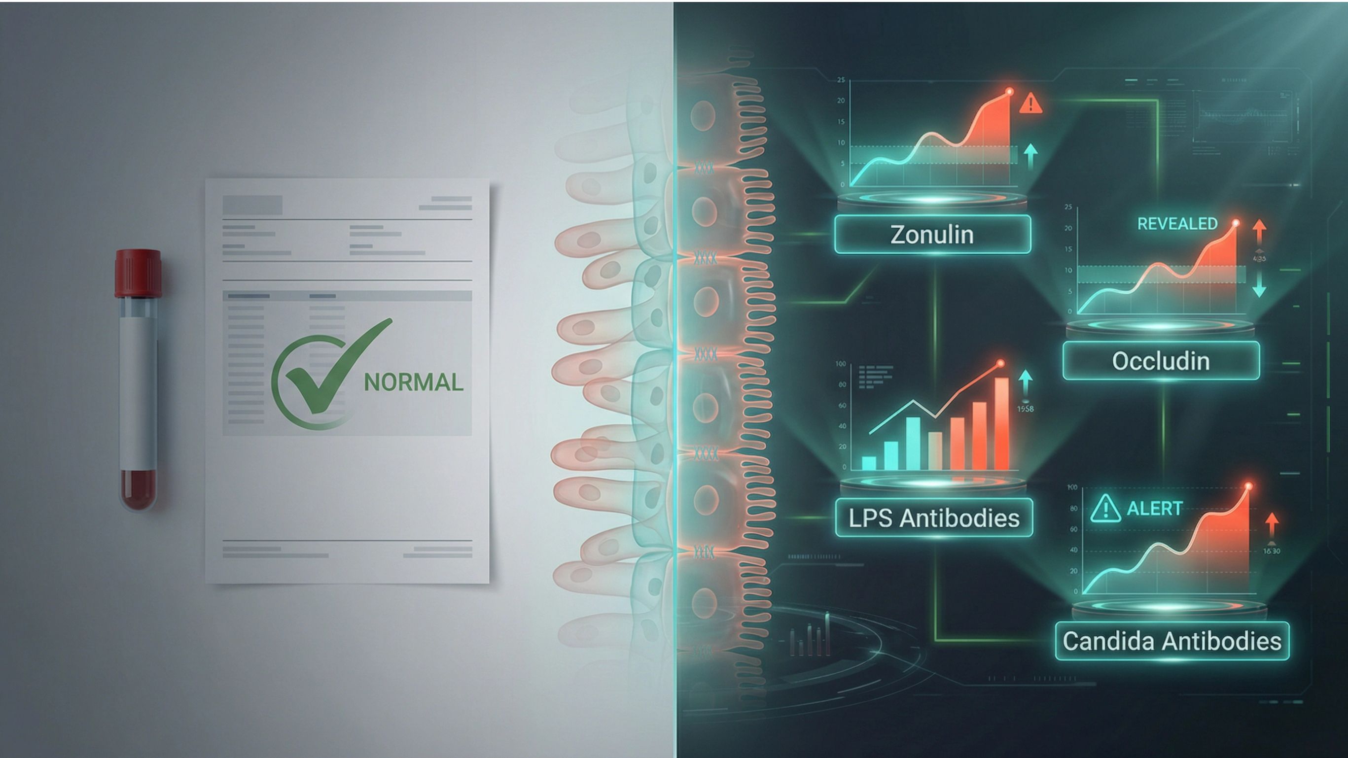 Leaky gut testing reveals elevated Zonulin, Occludin, LPS and Candida markers that standard blood work showing "normal" misses.