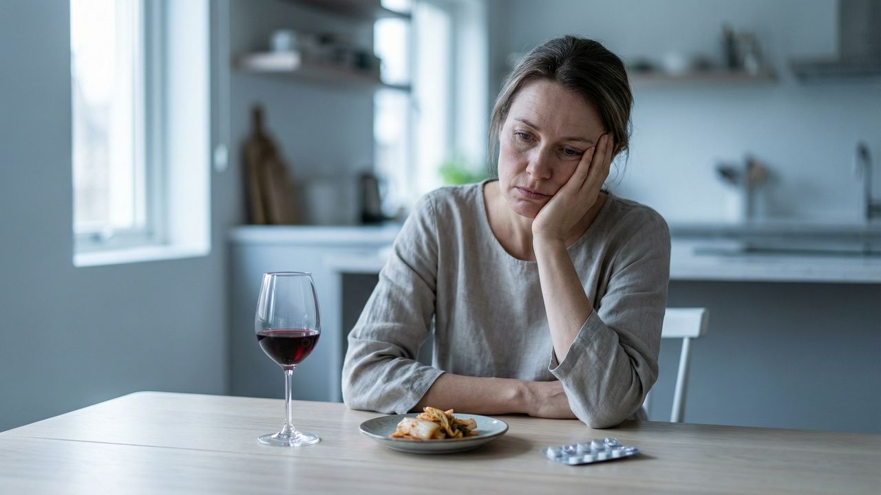Woman sitting at kitchen table looking fatigued beside red wine, fermented food, and antihistamines — representing histamine intolerance symptoms linked to gut health.