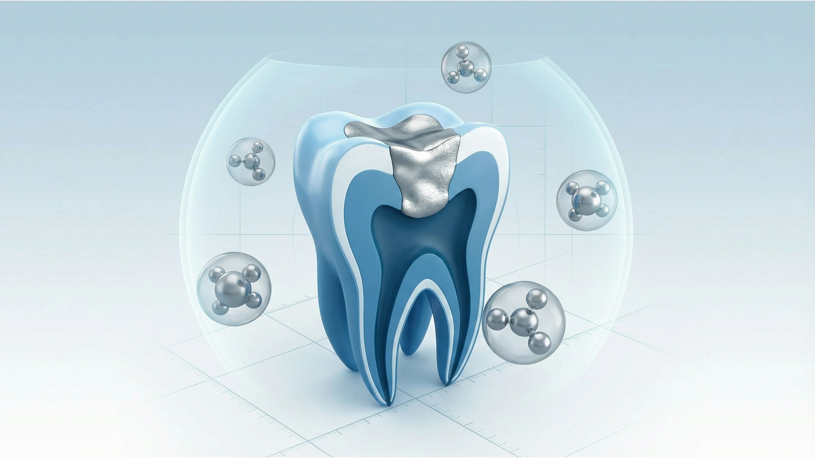 Mercury fillings safety: tooth cross-section showing silver amalgam filling with mercury molecules.