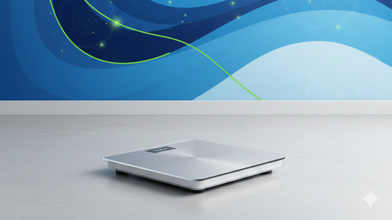 Modern bathroom scale on clean floor with flowing blue and lime green waves representing gut health and weight loss connection in wellness setting.