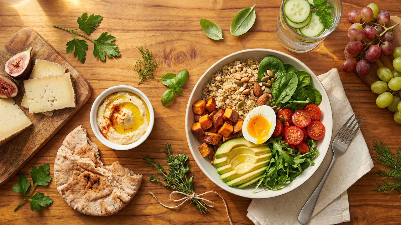 Overhead flat lay of a healthy meal spread featuring a grain bowl with quinoa, avocado, soft-boiled egg, roasted sweet potato, and fresh vegetables — illustrating the clean diet that delayed food reaction testing helps optimize.