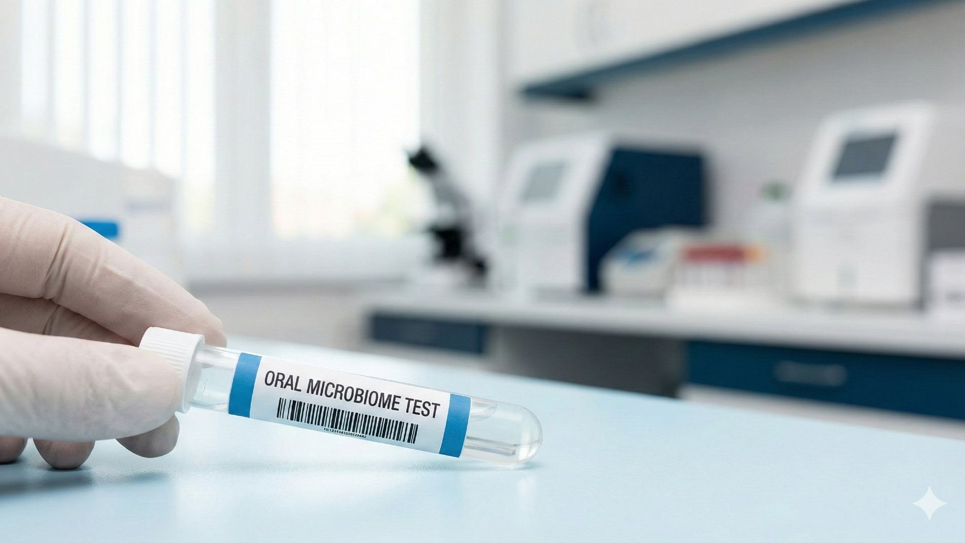 Oral microbiome testing sample in laboratory with DNA sequencing equipment for bacterial analysis.