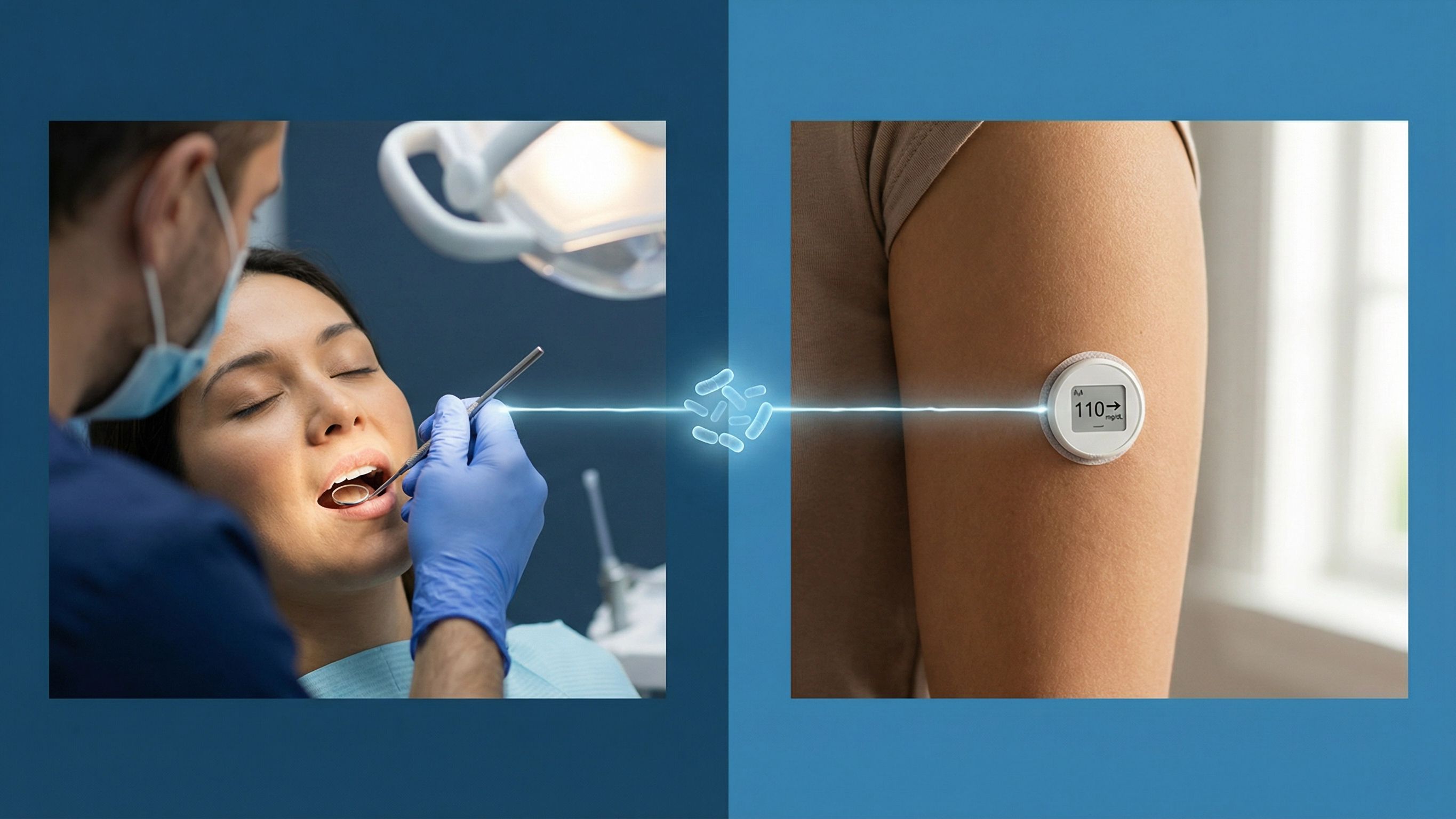 Two-panel medical illustration showing the oral health and diabetes connection — a dental exam on the left linked by glowing bacteria to a glucose monitor on the right.