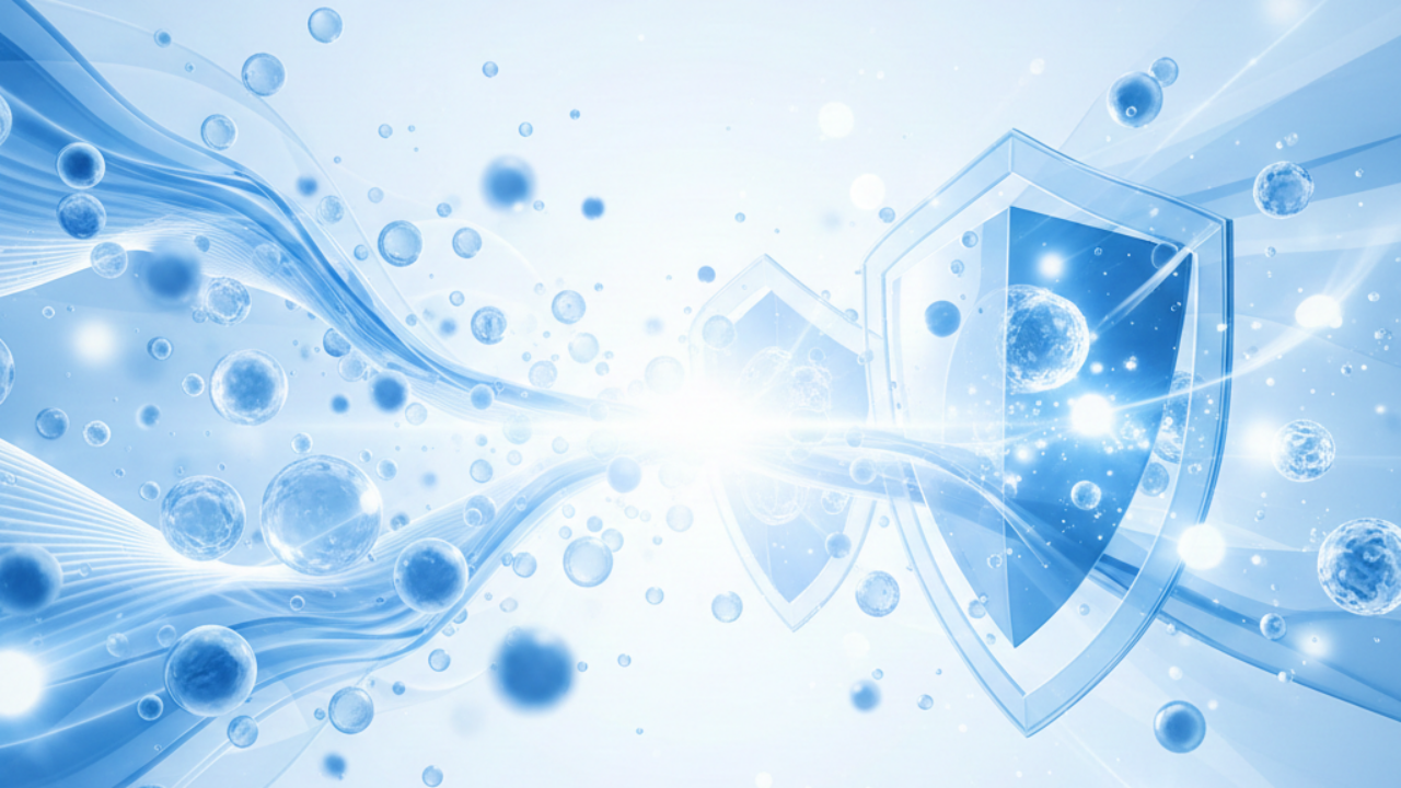 Premium illustration showing gut health and immune system connection with flowing blue bacterial cells meeting protective shield representing the gut-immune axis.