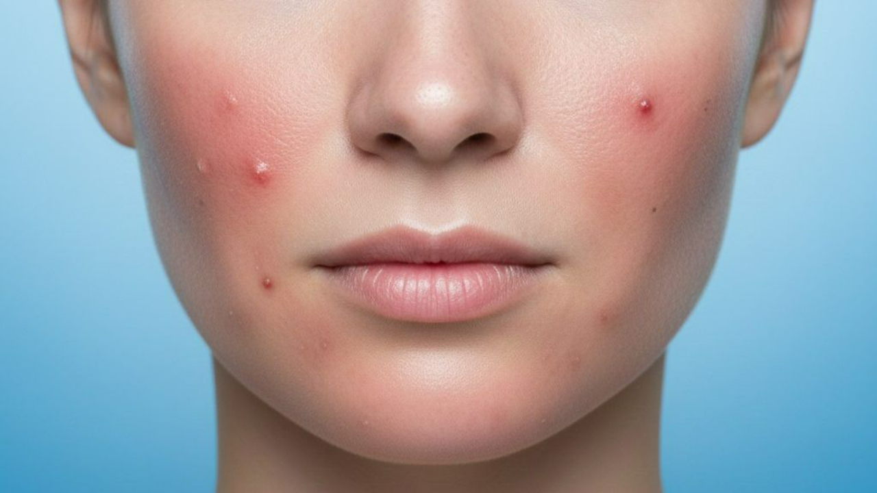 Woman with rosacea and acne on face showing gut testing for skin issues connection.