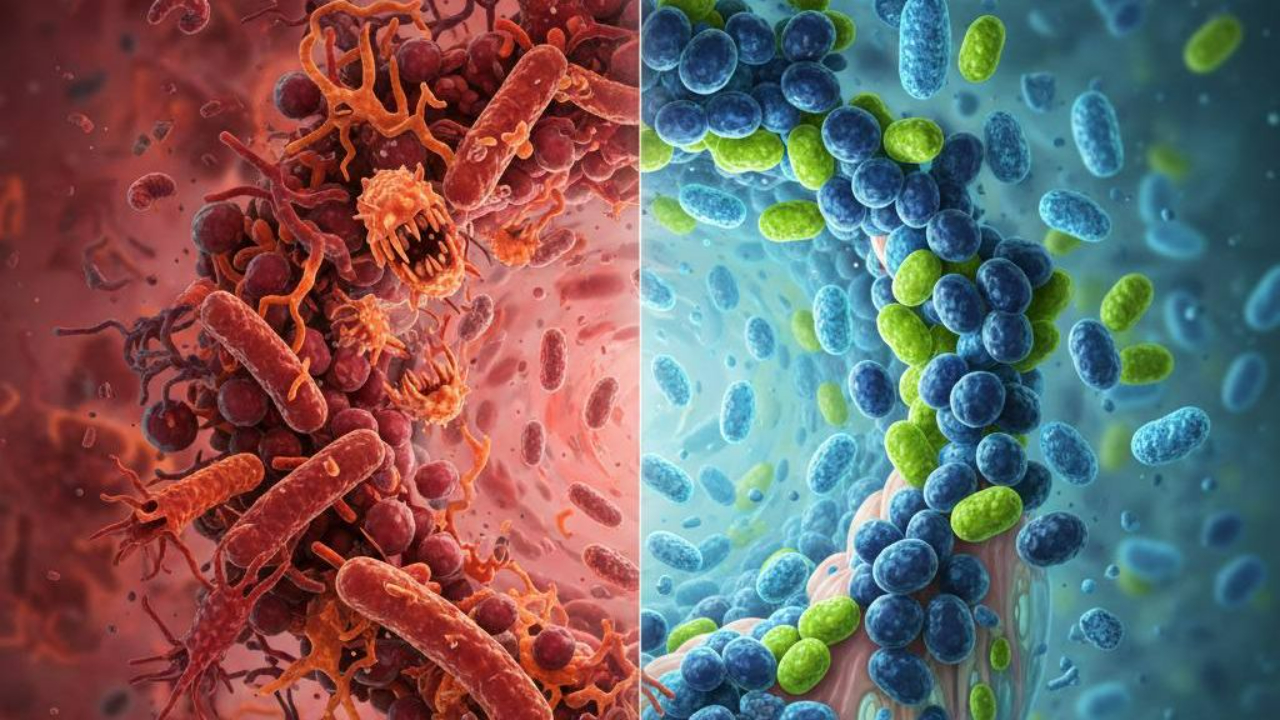 Gum disease treatment comparison showing oral microbiome dysbiosis with inflamed bacteria versus balanced healthy bacteria in functional dentistry approach.