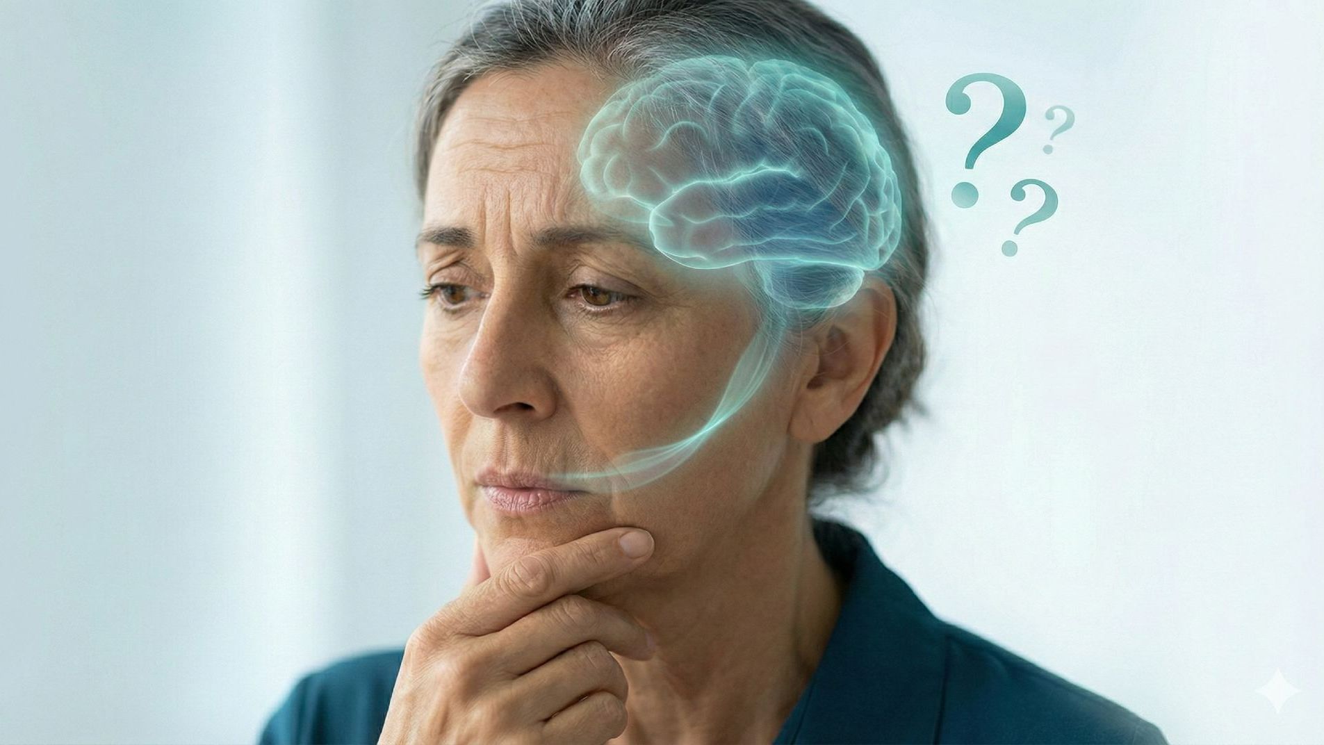 Woman contemplating gum disease and dementia connection with glowing brain overlay showing oral-brain health link.