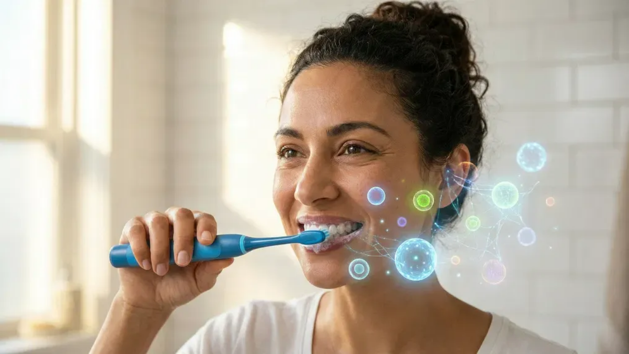 Woman brushing teeth with glowing bacterial colonies visualizing oral microbiome balance and invisible ecosystem health.