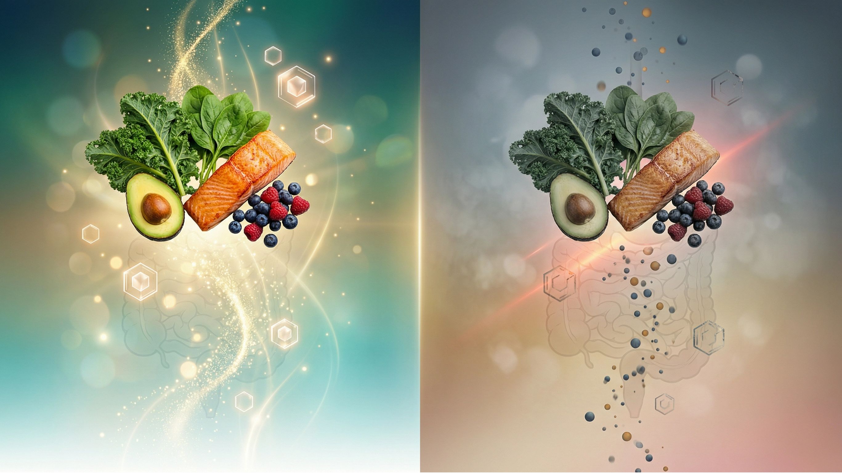 Digestive enzyme benefits visualization: efficient vs. impaired food breakdown process.