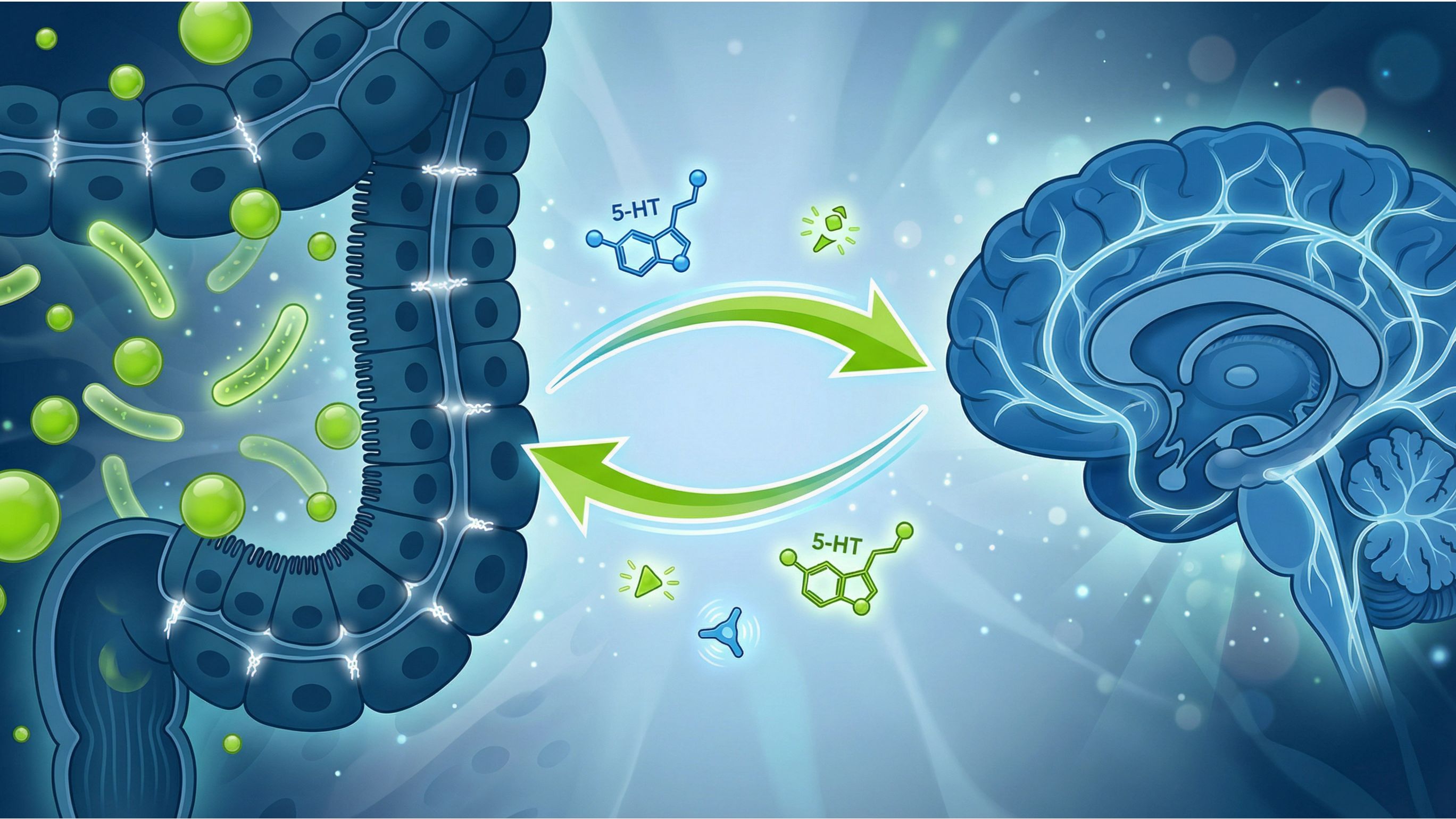Gut health and mental health connection showing intestinal bacteria, serotonin molecules, and brain with bidirectional arrows.