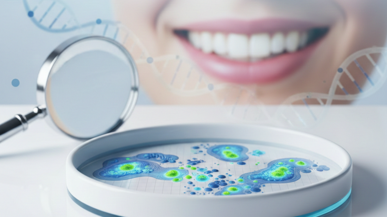 Gum disease prevention through oral microbiome testing - petri dish showing bacterial cultures with healthy smile in background.