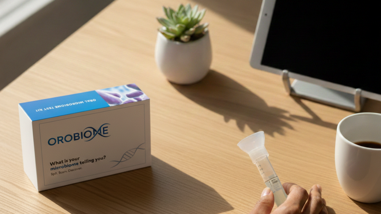 Microbiome testing at home with Orobiome saliva collection kit on wooden table showing simple at-home gut health testing process.