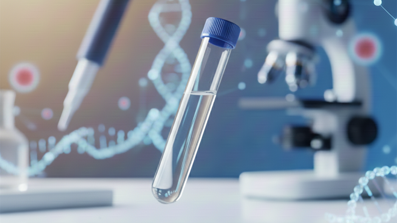 Oral pathogen testing saliva collection vial with DNA helix and microscope in laboratory background representing precision oral microbiome analysis.