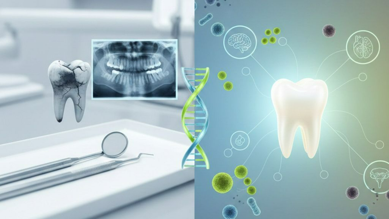 Split image showing traditional dentistry with damaged tooth and dental tools versus holistic dental care approach with healthy tooth connected to brain, heart, and gut through oral microbiome bacteria and DNA testing.