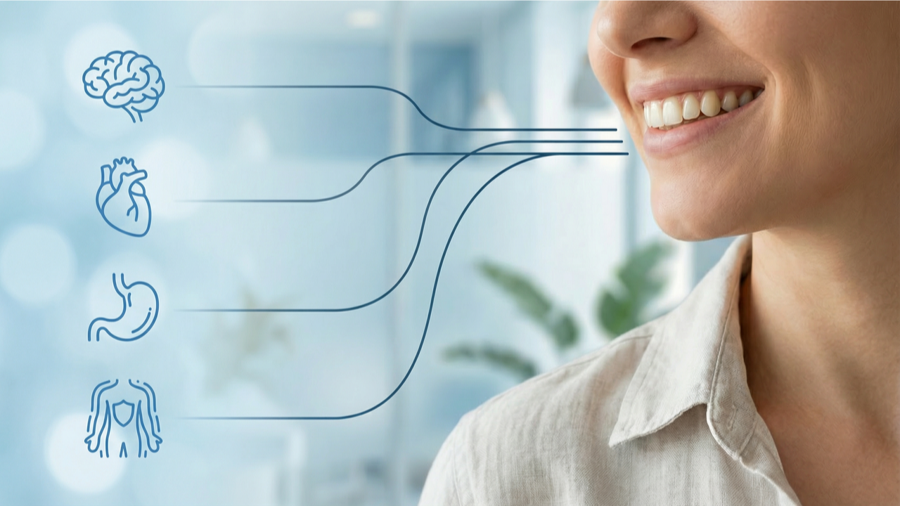 Functional oral health concept showing oral-systemic connection from mouth to brain, heart, gut, and immune system.