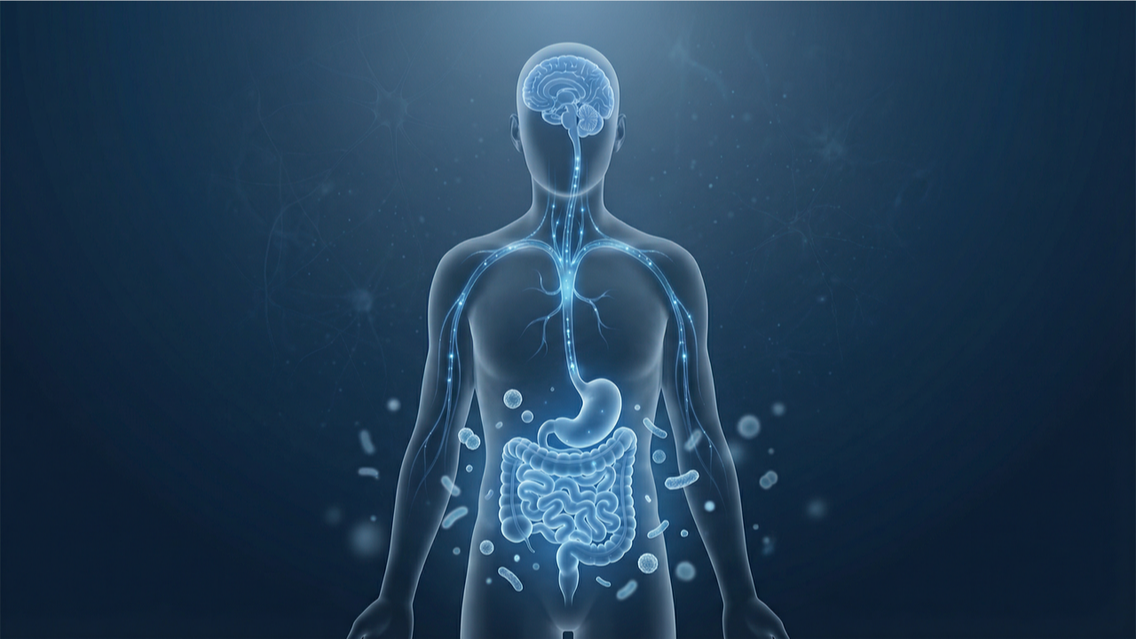 Gut bacteria and anxiety connection illustrated — human body showing gut-brain neural pathway via the vagus nerve.