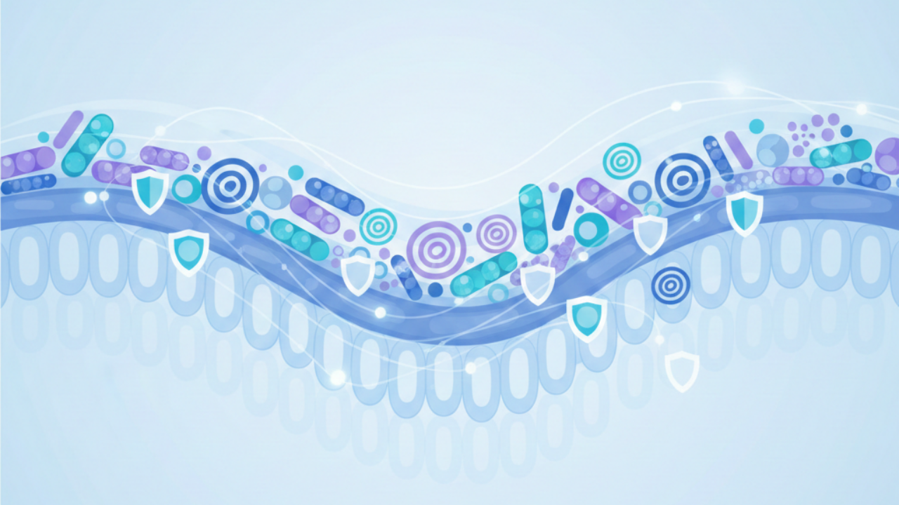 Gut microbiome and autoimmune disease connection showing beneficial bacteria and immune cells protecting the intestinal barrier.