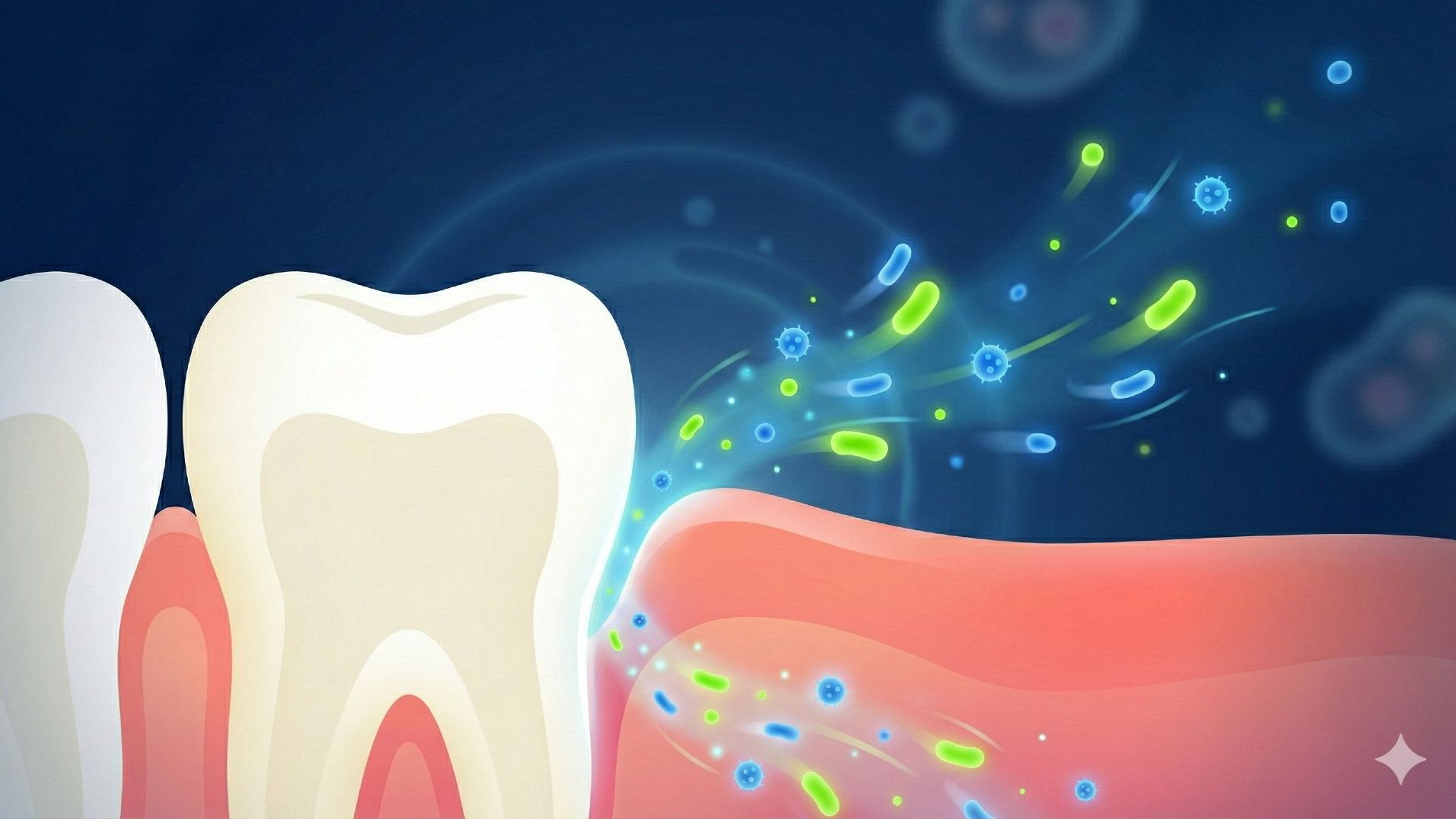 Leaky mouth syndrome illustration showing oral bacteria entering bloodstream through inflamed gums and tooth.