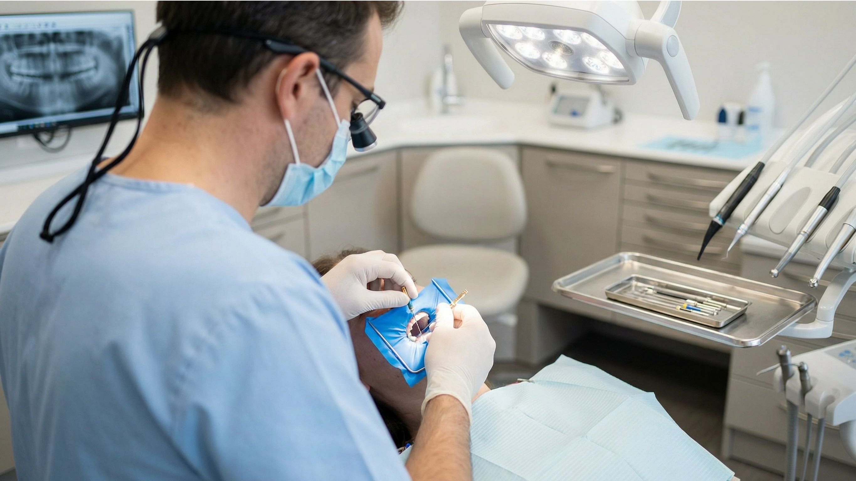 Dentist performing root canal procedure on patient showing root canal health risks and treatment process in modern dental clinic.