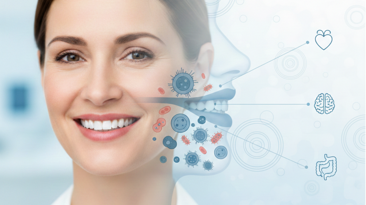 Woman smiling showing healthy teeth while illustration reveals periodontal bacteria levels beneath gums connecting to heart, brain, and digestive system.