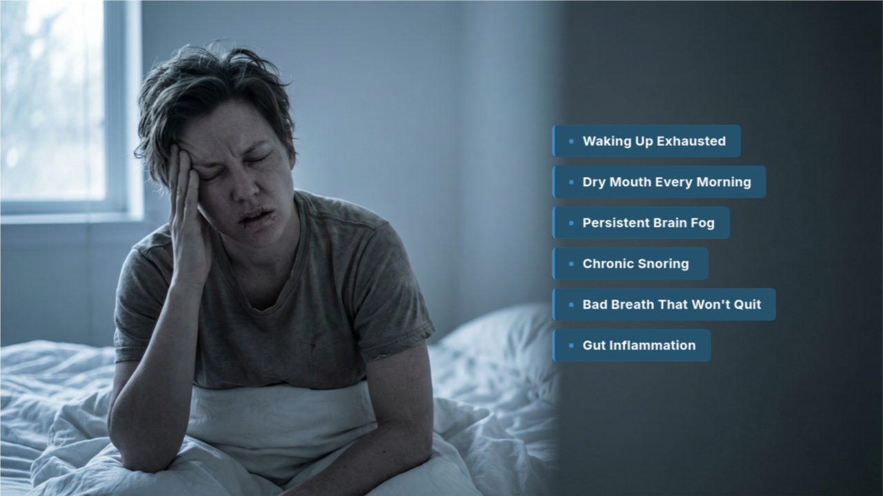 Woman sitting up in bed exhausted from mouth breathing problems, experiencing dry mouth, brain fog, and disrupted sleep.