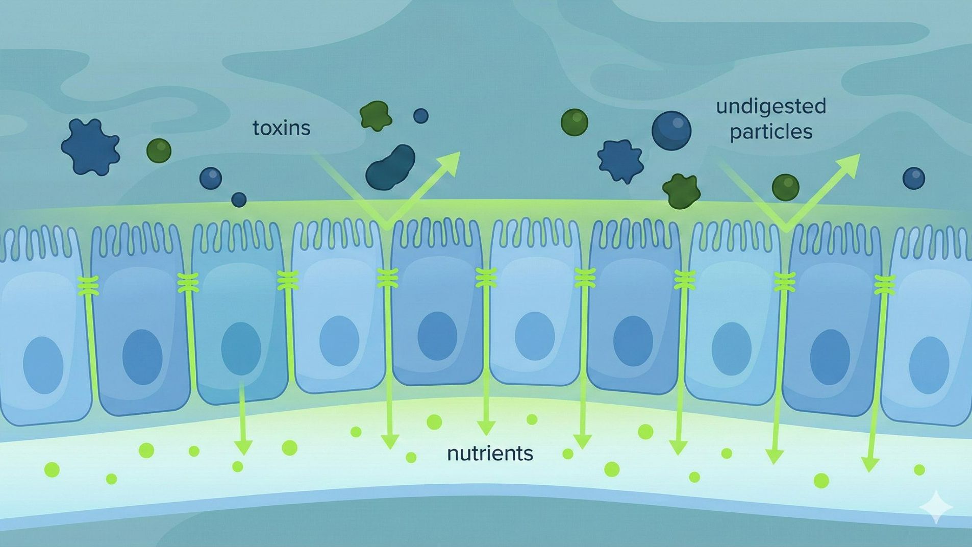 Leaky gut symptoms illustrated: intestinal lining cross-section showing tight junctions allowing nutrients through while blocking toxins and undigested particles.