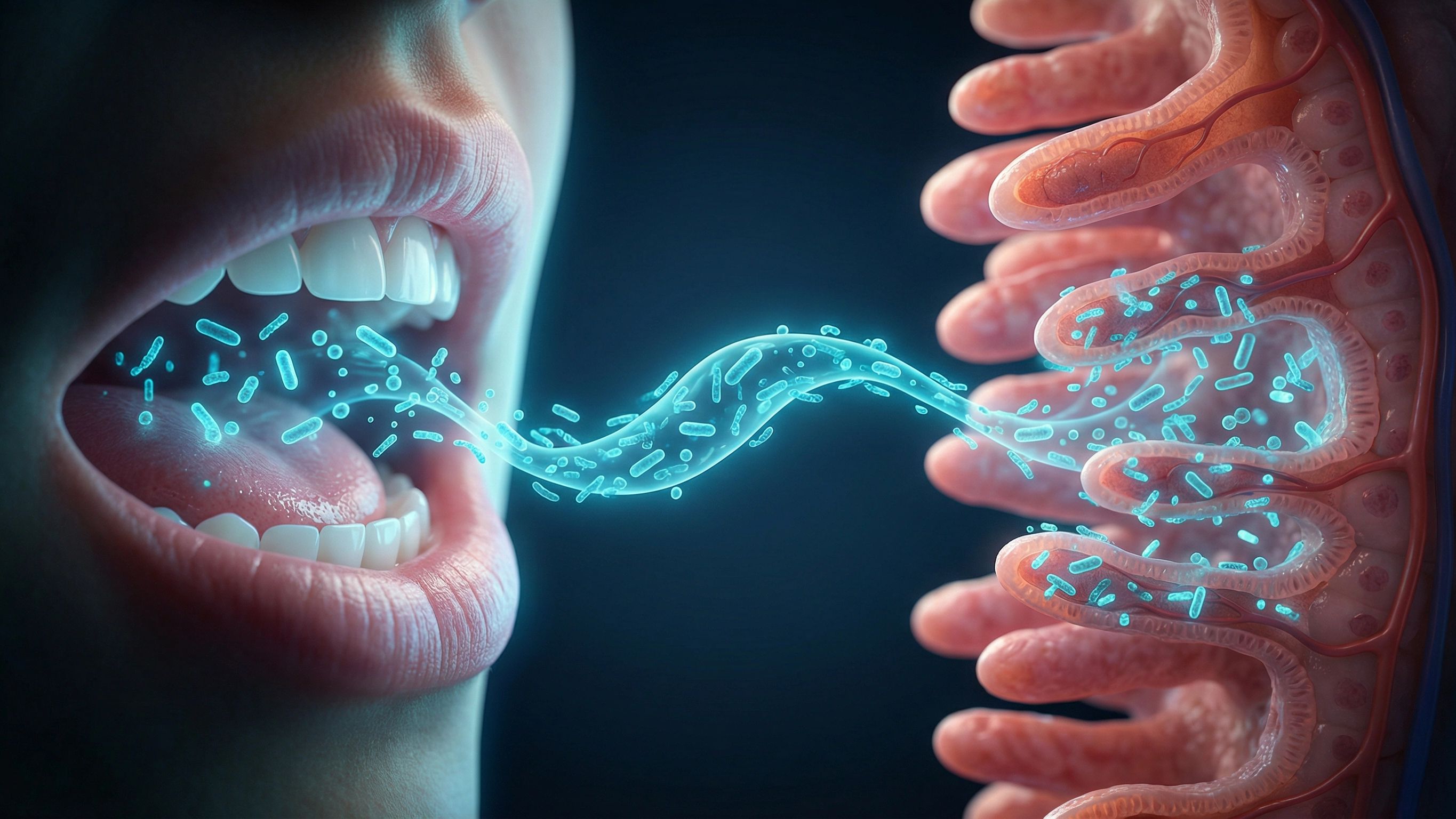 Mouth gut microbiome axis illustration showing glowing oral bacteria flowing from the mouth to intestinal villi.