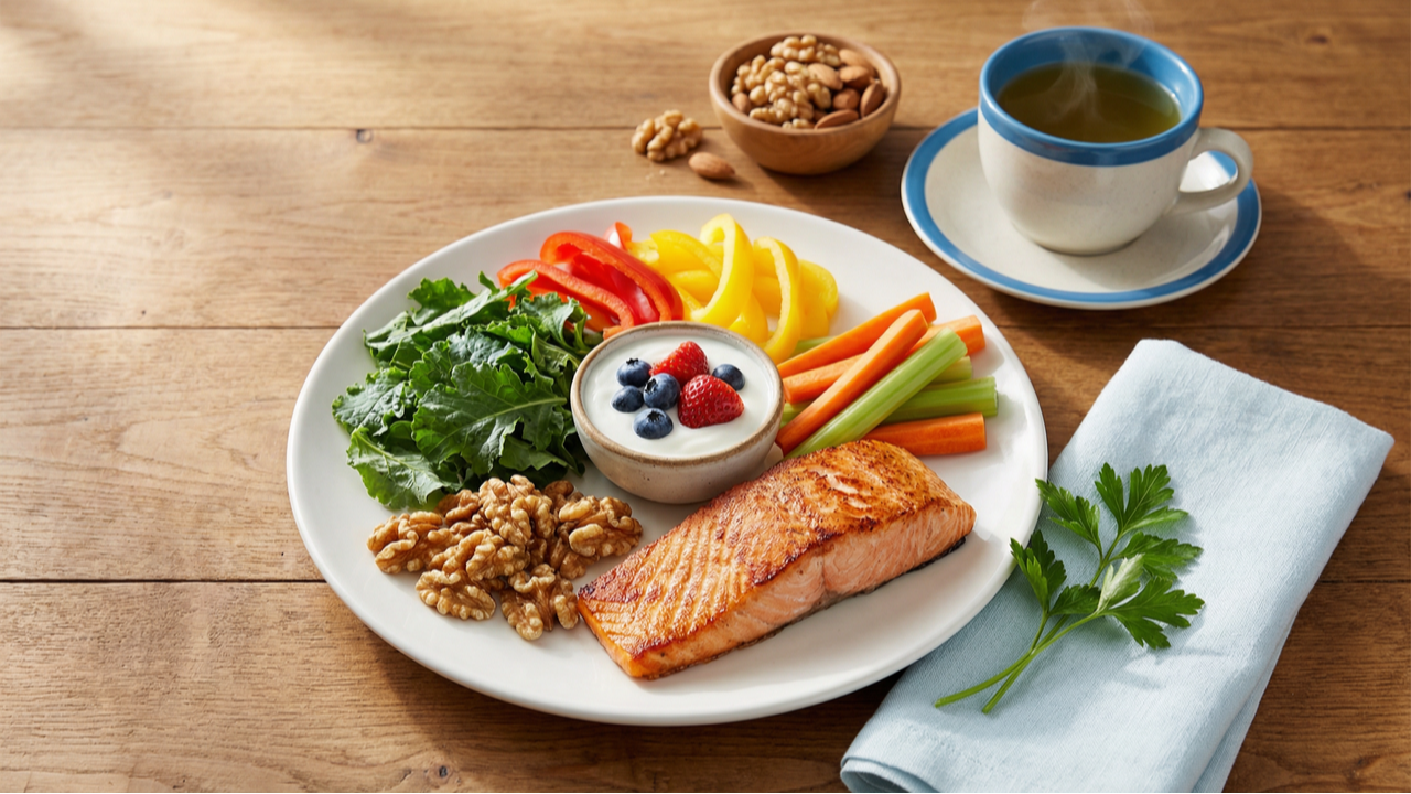 Diet for healthy teeth featuring salmon, leafy greens, walnuts, yogurt with berries, colorful vegetables, and green tea.