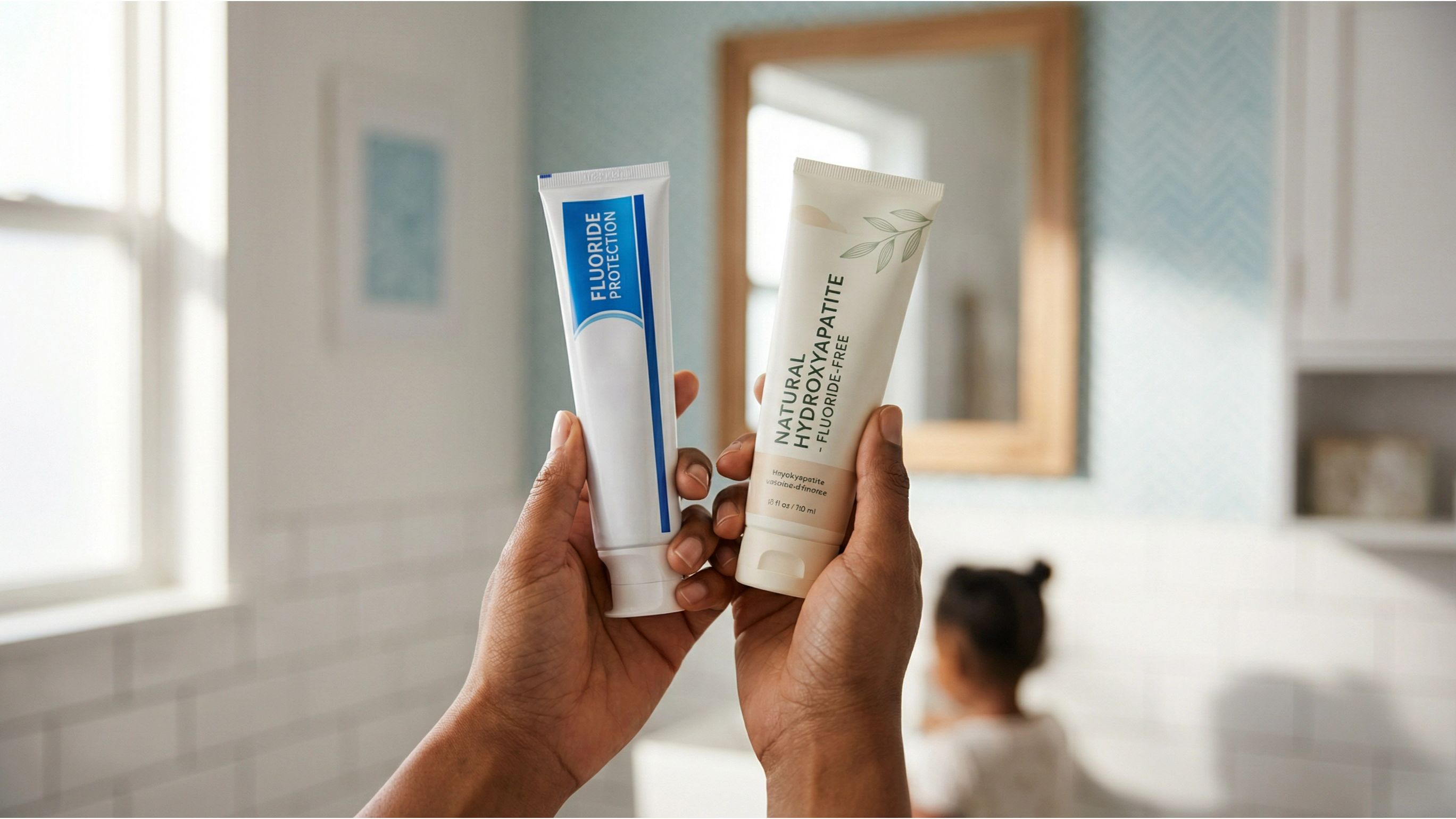 Hands comparing fluoride and fluoride-free toothpaste tubes illustrating the fluoride controversy choice.