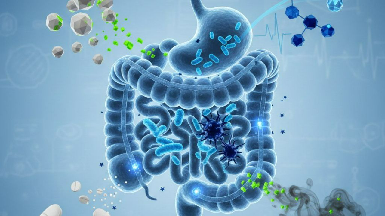 Gut inflammation causes illustrated through digestive system with bacteria, medications, and environmental triggers affecting intestinal health.