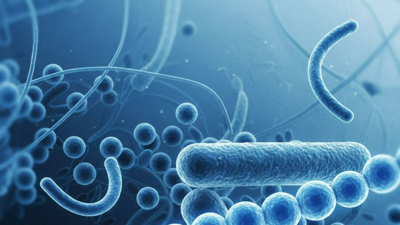 Microscopic visualization of oral microbiome health showing diverse bacterial species including cocci chains and bacilli in professional blue gradient.