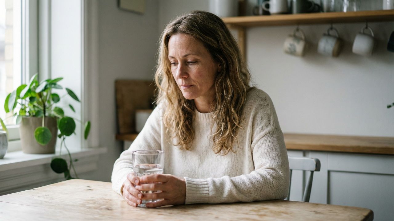 Woman holding a glass of water at a kitchen table, reflecting on dry mouth causes and treatment options.