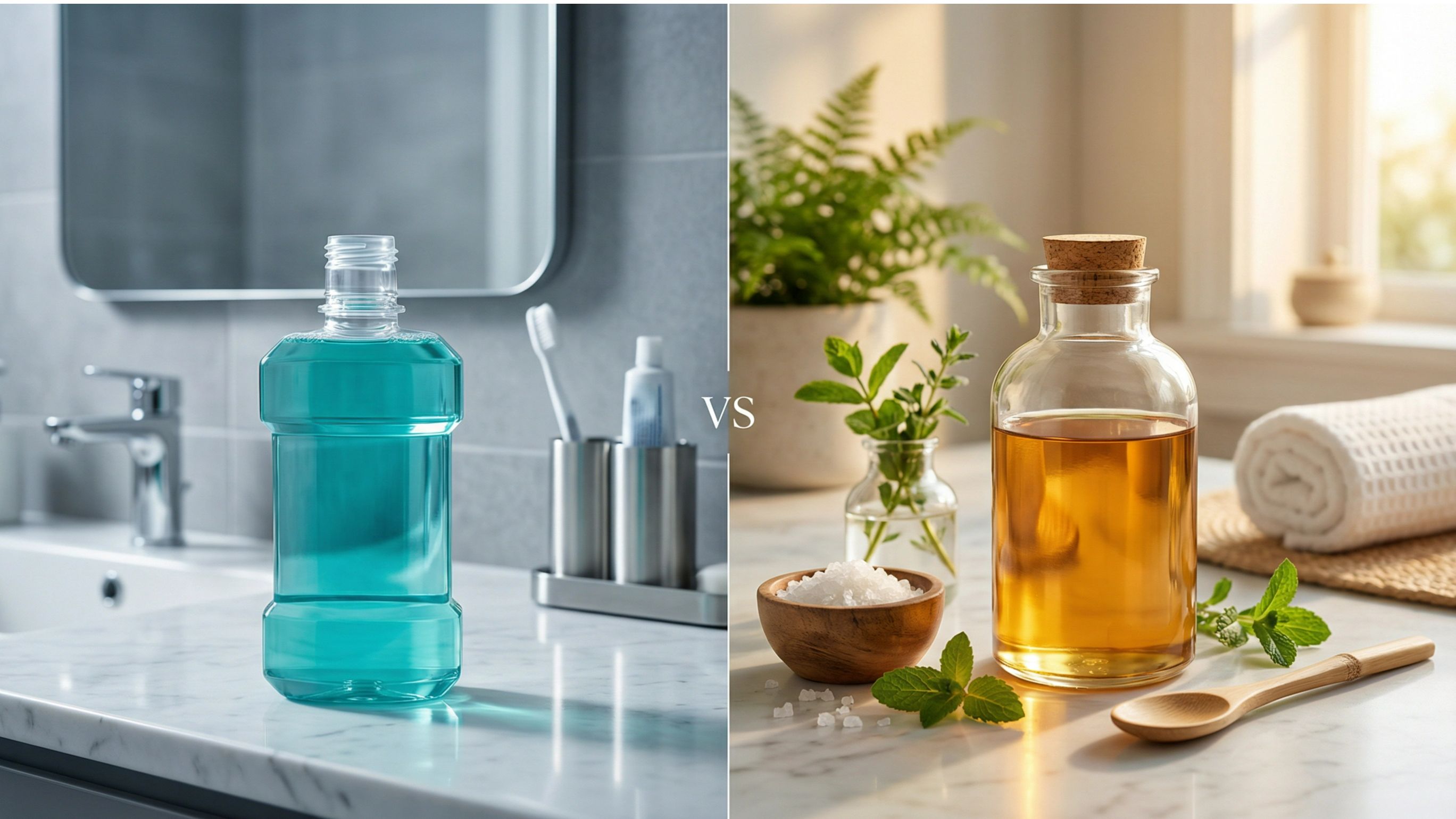 Mouthwash harmful effects comparison showing conventional blue mouthwash bottle versus natural alternatives including coconut oil and sea salt.
