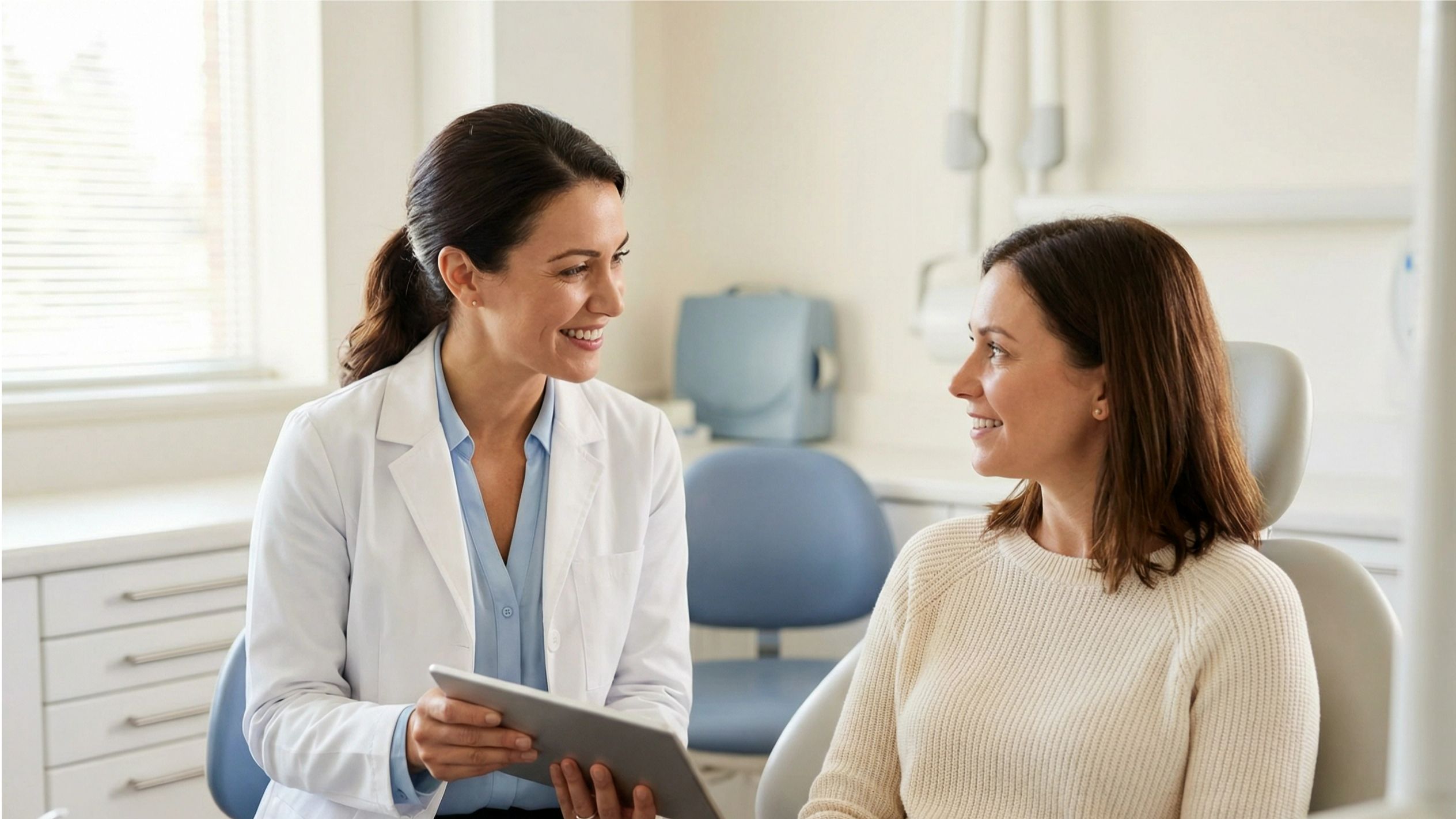 A functional dentist reviews health data on a tablet with her patient — an integrative healthcare consultation focused on whole-body wellness.