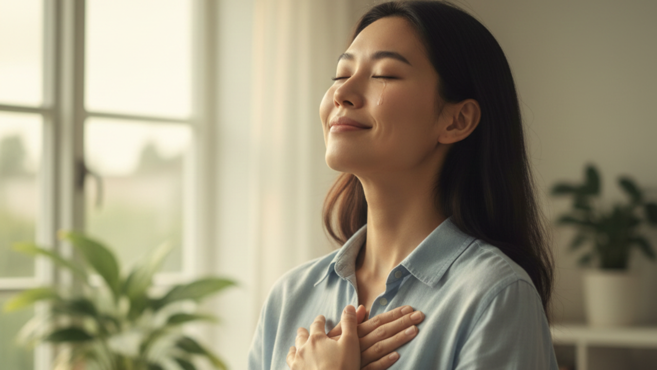 an Asian woman with her hands over her heart, eyes closed, smiling with relief and a tear streaming down her cheek