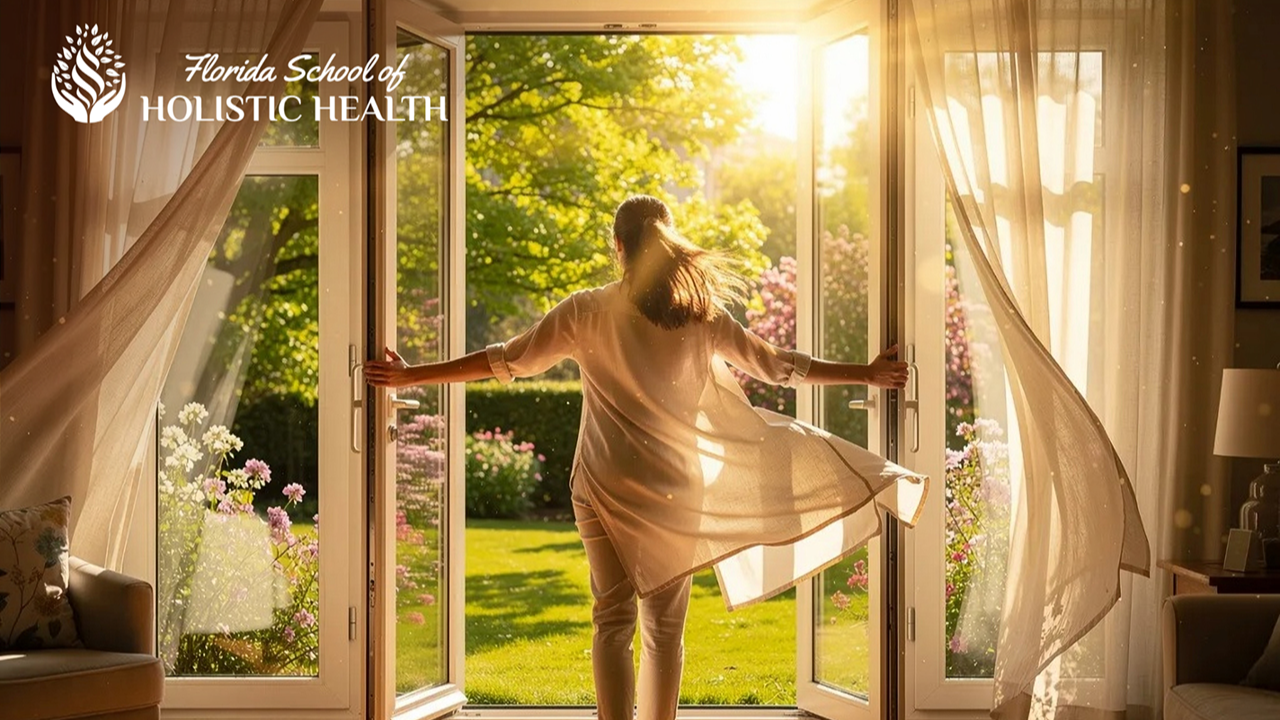 A woman stands with arms outstretched, throwing open a set of French doors to a sun-drenched garden in full spring bloom, her flowing white garments catching the breeze as golden light pours into the room — with the Florida School of Holistic Health logo displayed in the upper left corner.