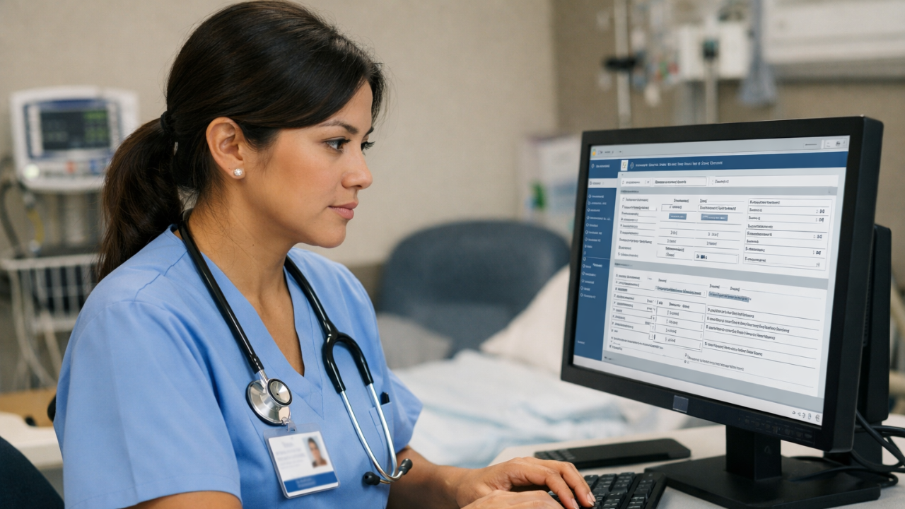 Licensed vocational nurse charting in an electronic medical record in a clinical setting