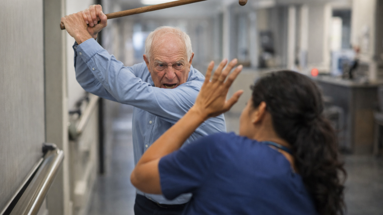 Elderly patient attempting to strike nurse with cane in long-term care setting