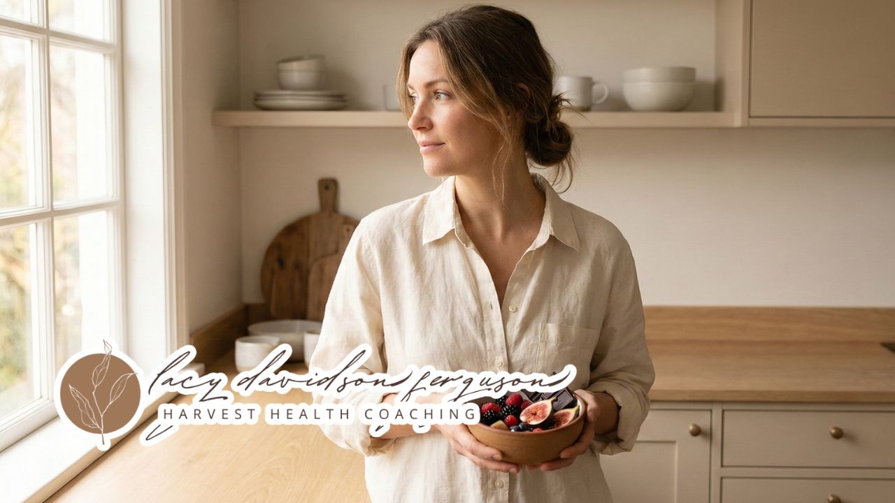Woman pausing thoughtfully in a bright kitchen while experiencing food cravings