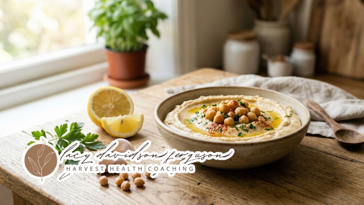 simple homemade hummus with olive oil and chickpeas in natural light on a wooden surface