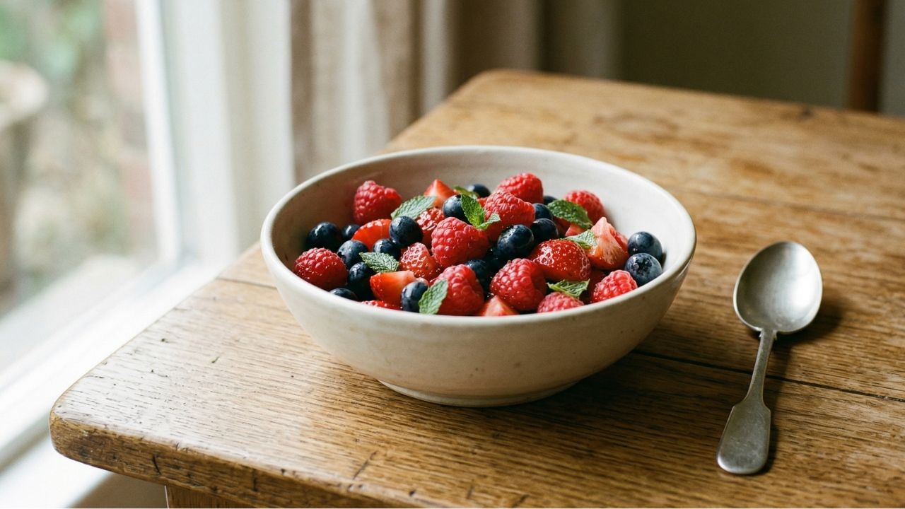fresh berry medley with strawberries blueberries and raspberries in natural light on a wooden surface