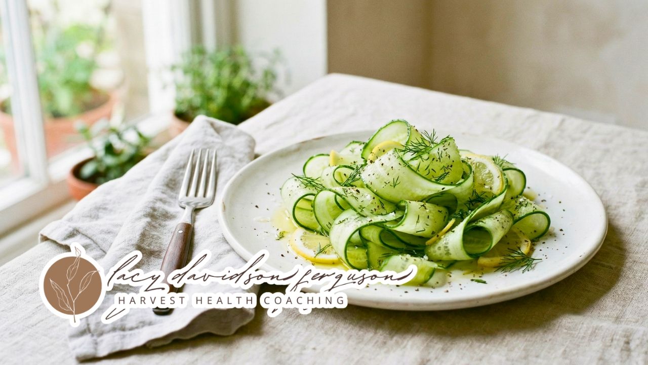 Fresh cucumber ribbon salad with lemon, dill, and olive oil