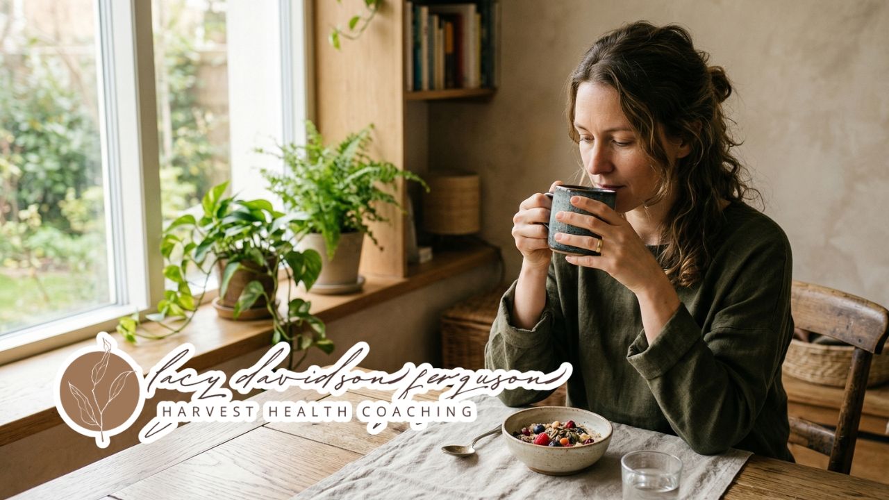 calm morning self-care moment with natural light, whole foods, and a grounded sense of nourishment