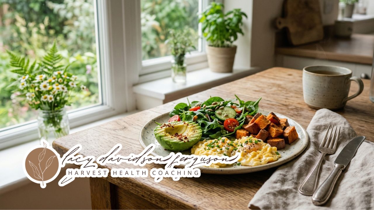 balanced whole food meal with protein vegetables and healthy fats in natural light