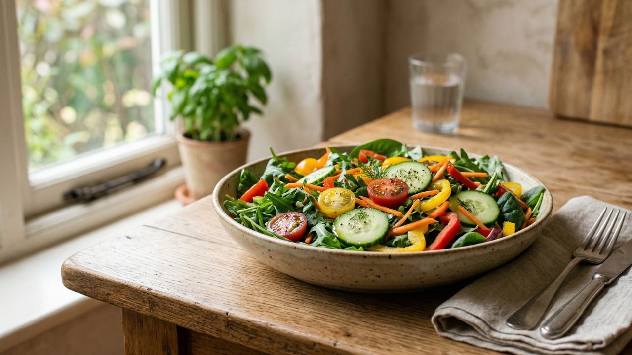 fresh garden salad with mixed greens, cucumber, tomatoes, and simple dressing in natural light