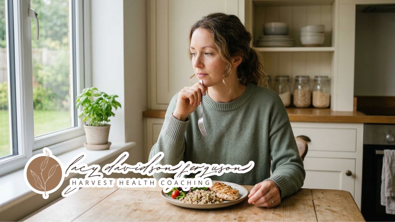 person pausing thoughtfully before eating to reflect on hunger cues