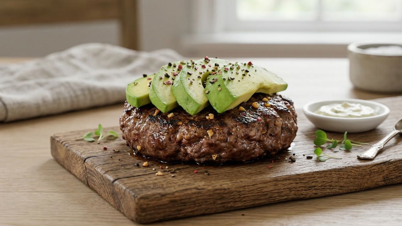 garlicky avocado burger patty topped with fresh avocado slices on a plate