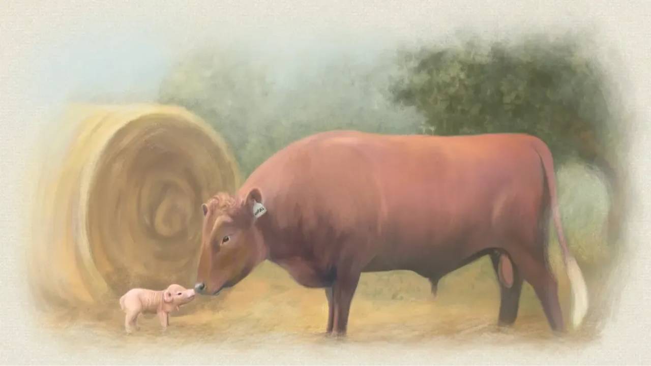 Marvel the Dexter bull lowers his nose to greet a curious piglet beside a golden hay bale on a soft autumn morning.