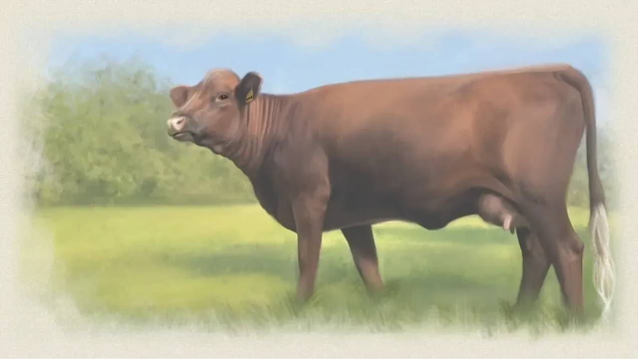 Illustrated red Dexter cow standing in a sunny green pasture with soft painterly edges
