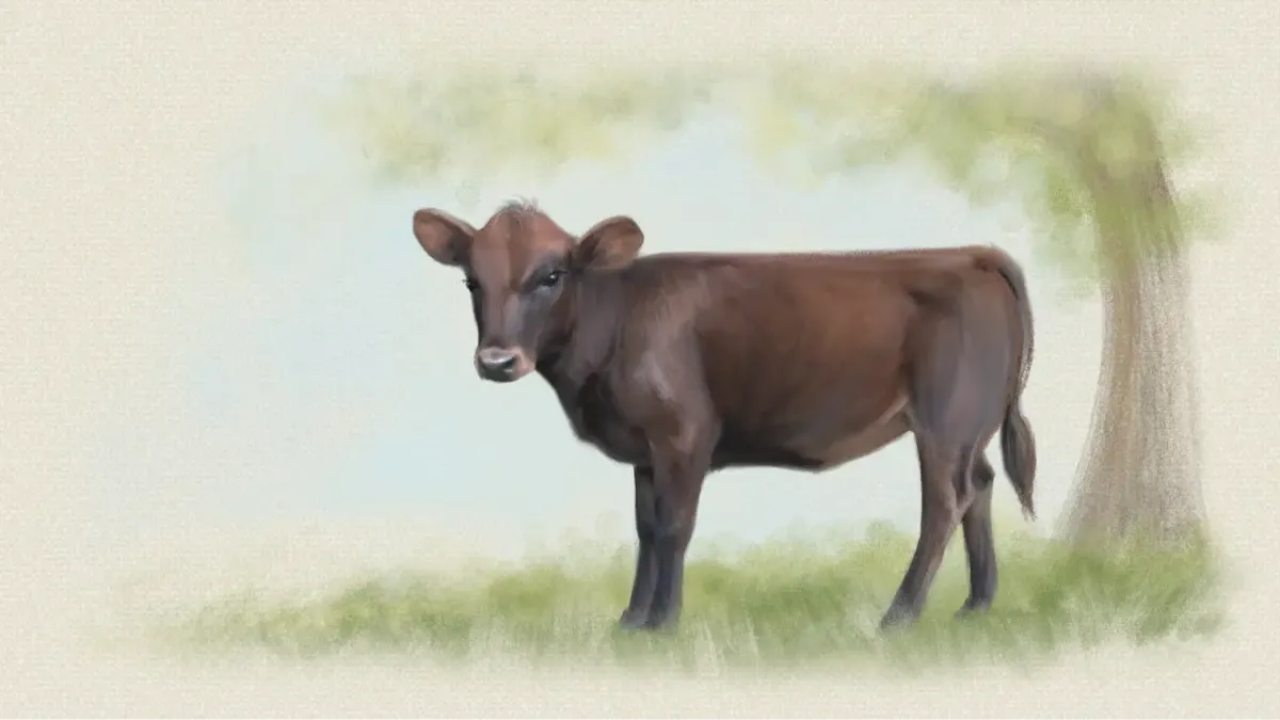 Hazel, Tilly’s daughter, was born bright red like every other calf — but as she’s grown, her true wild-type red has emerged. 